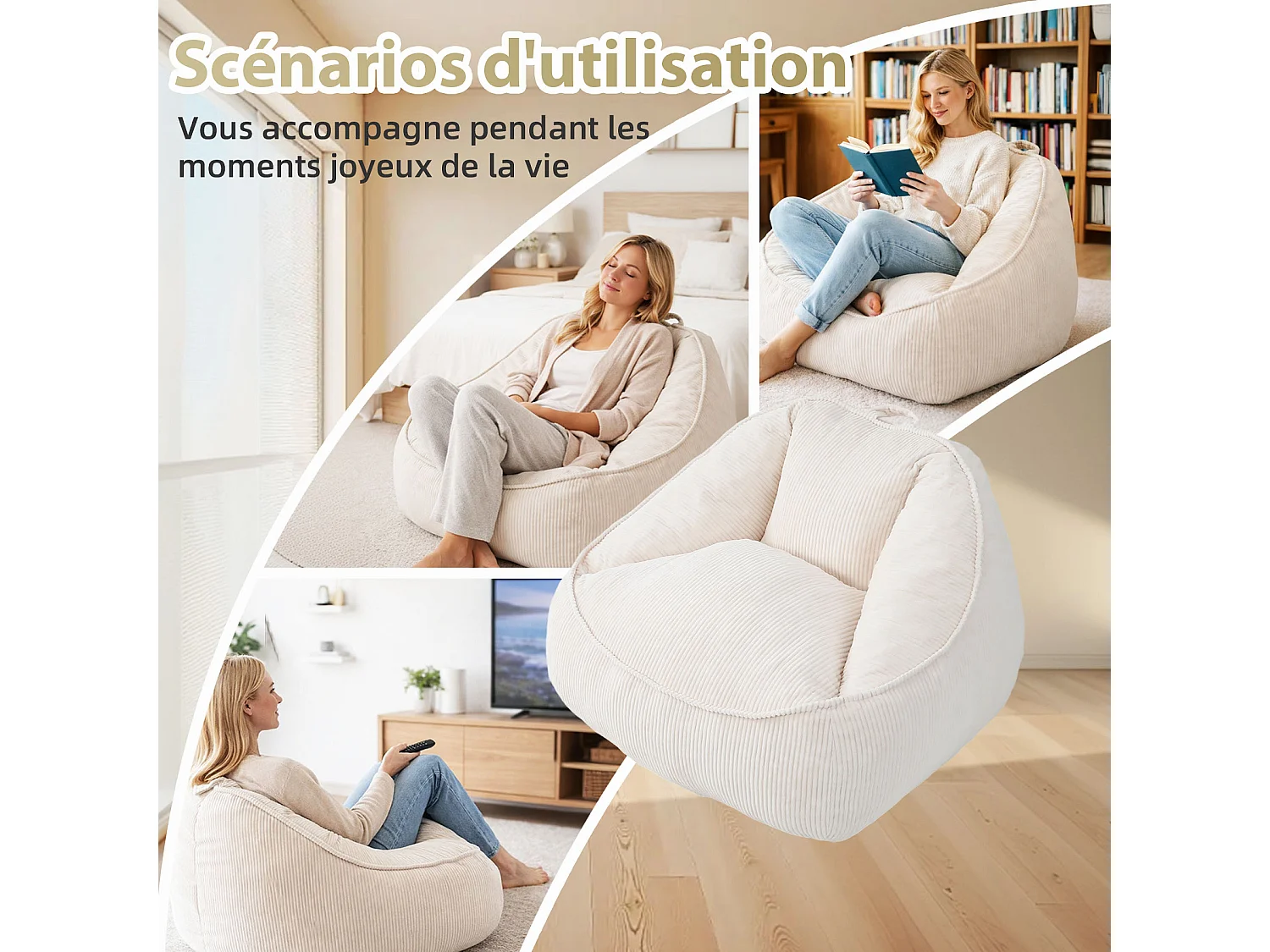 Pouf poire en velours côtelé, effet cocon et base antidérapante pour chambre et salon