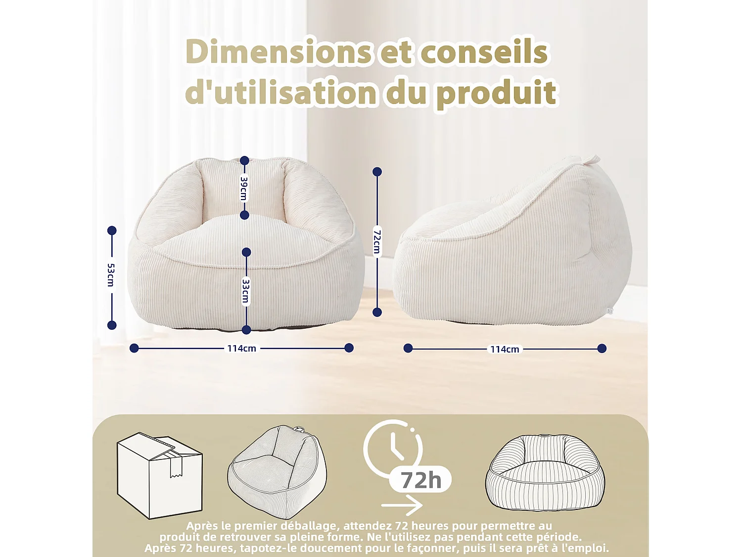 Pouf poire en velours côtelé, effet cocon et base antidérapante pour chambre et salon
