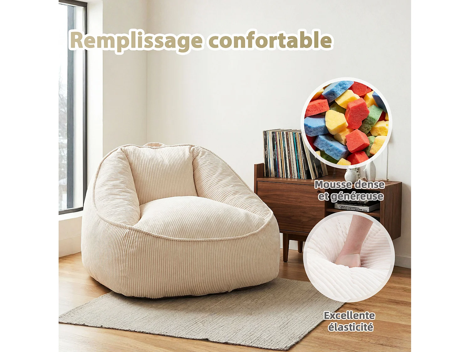 Pouf poire en velours côtelé, effet cocon et base antidérapante pour chambre et salon