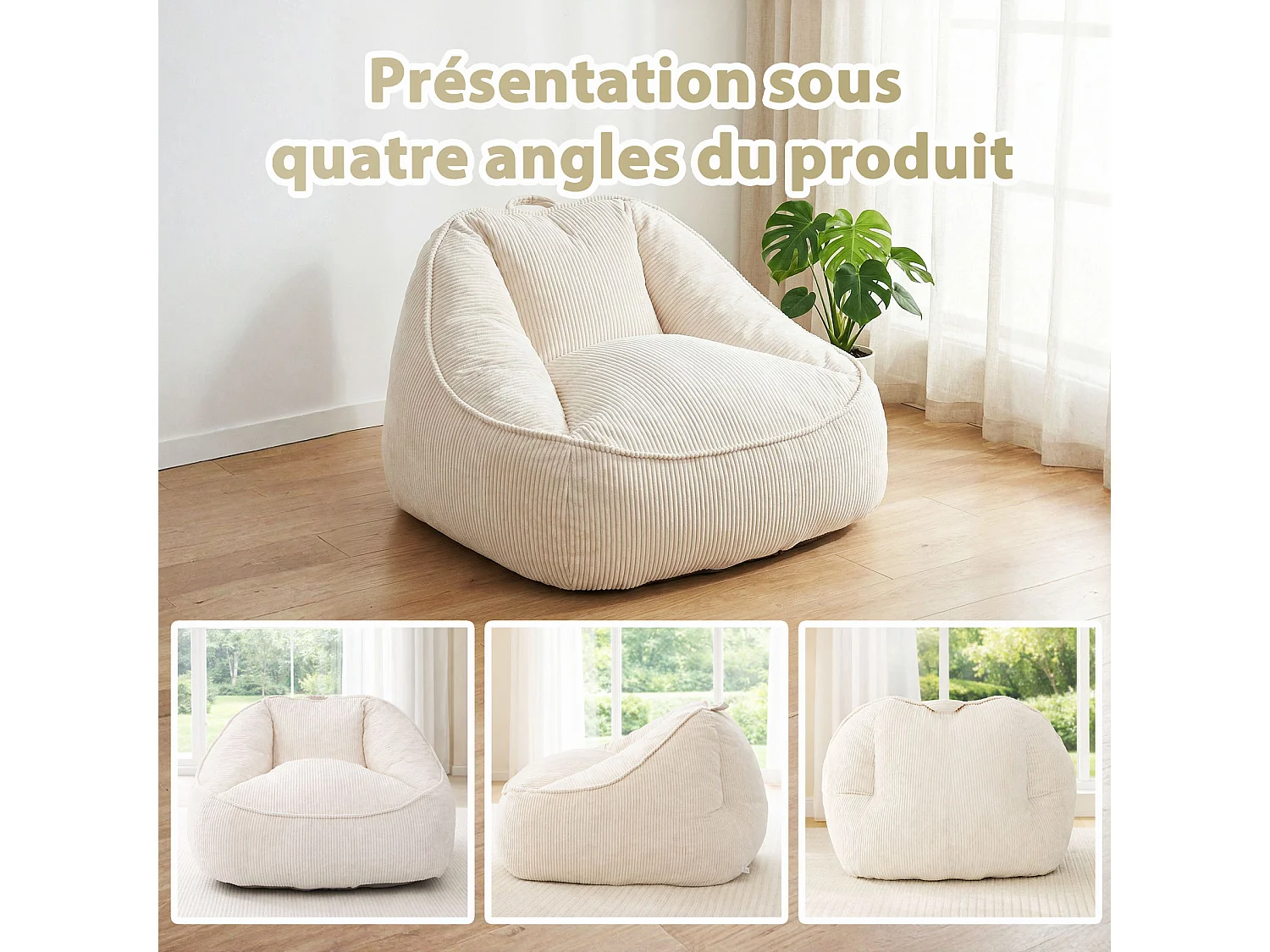 Pouf poire en velours côtelé, effet cocon et base antidérapante pour chambre et salon