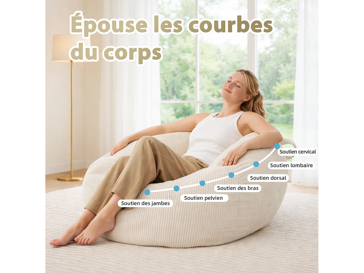 Fauteuil poire rond en velours côtelé, grand siège lounge avec soutien dorsal, assise de sol confortable pour salon, chambre ou coin lecture
