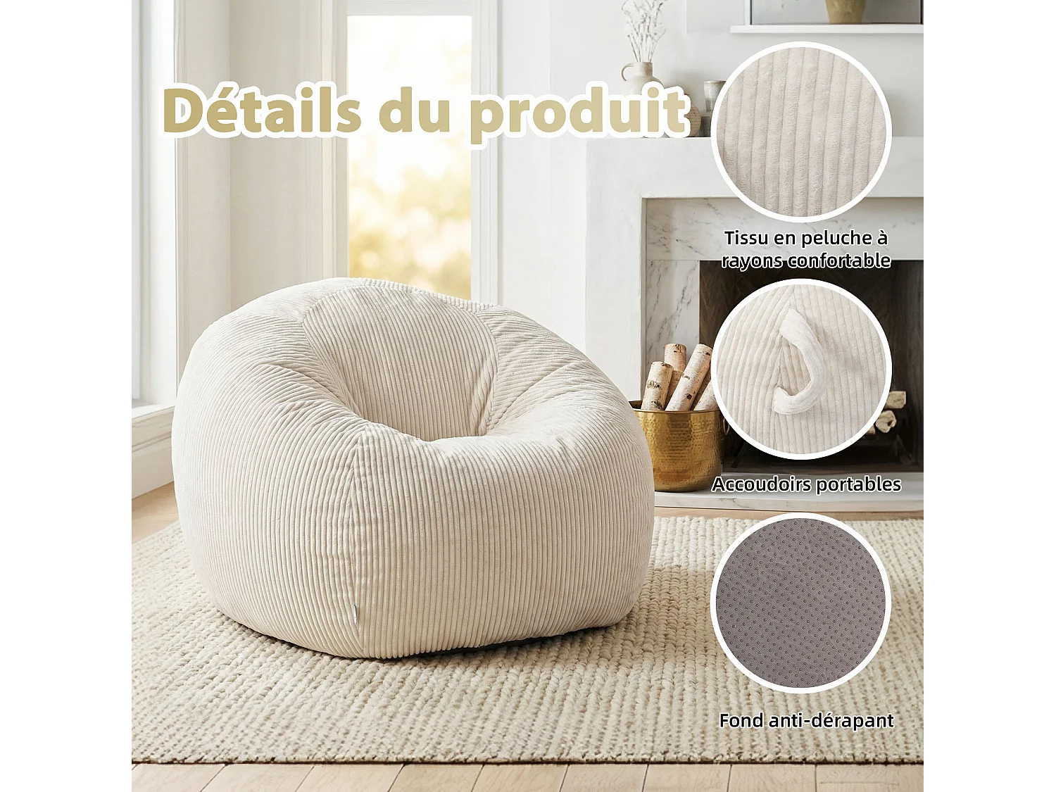 Fauteuil poire rond en velours côtelé, grand siège lounge avec soutien dorsal, assise de sol confortable pour salon, chambre ou coin lecture