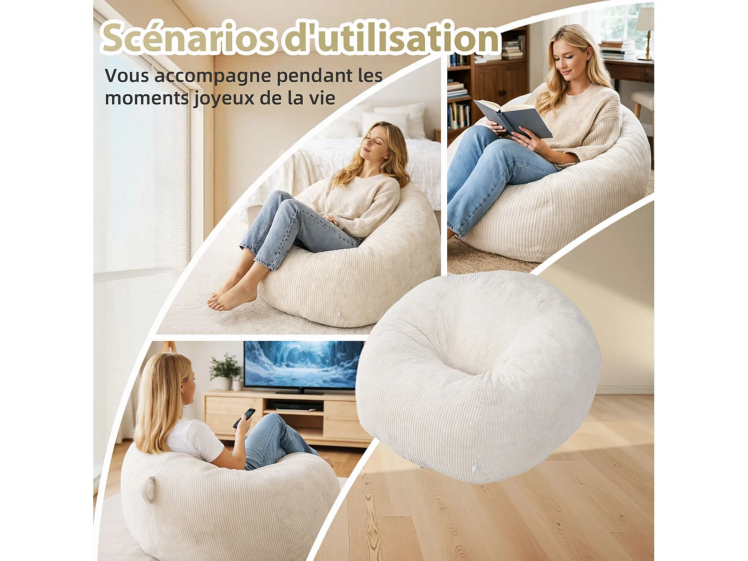 Fauteuil poire rond en velours côtelé, grand siège lounge avec soutien dorsal, assise de sol confortable pour salon, chambre ou coin lecture