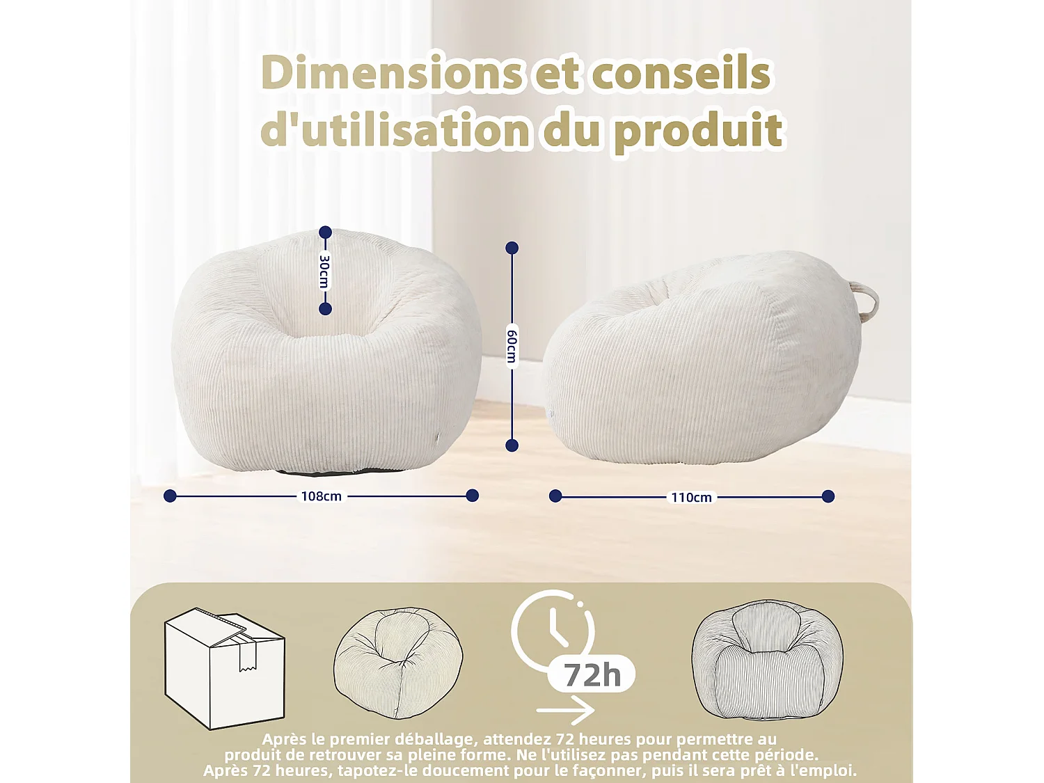 Fauteuil poire rond en velours côtelé, grand siège lounge avec soutien dorsal, assise de sol confortable pour salon, chambre ou coin lecture