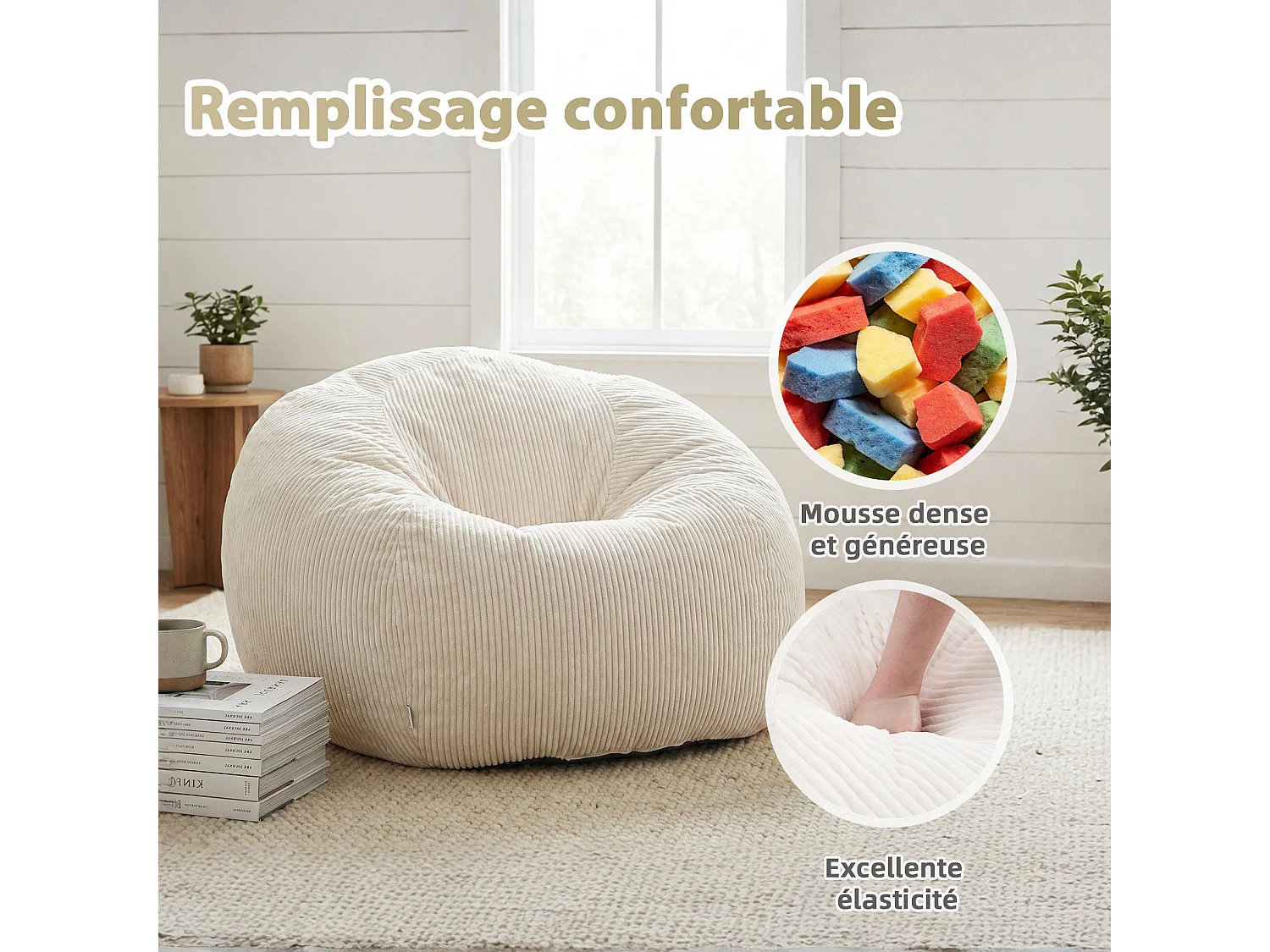Fauteuil poire rond en velours côtelé, grand siège lounge avec soutien dorsal, assise de sol confortable pour salon, chambre ou coin lecture