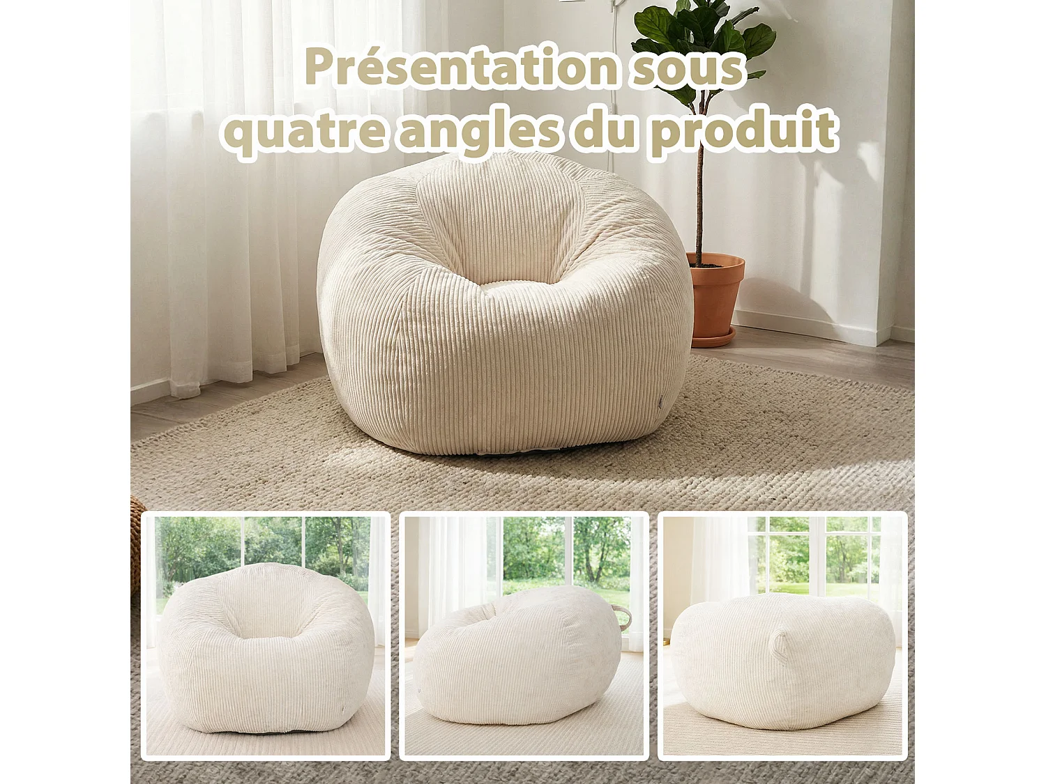 Fauteuil poire rond en velours côtelé, grand siège lounge avec soutien dorsal, assise de sol confortable pour salon, chambre ou coin lecture