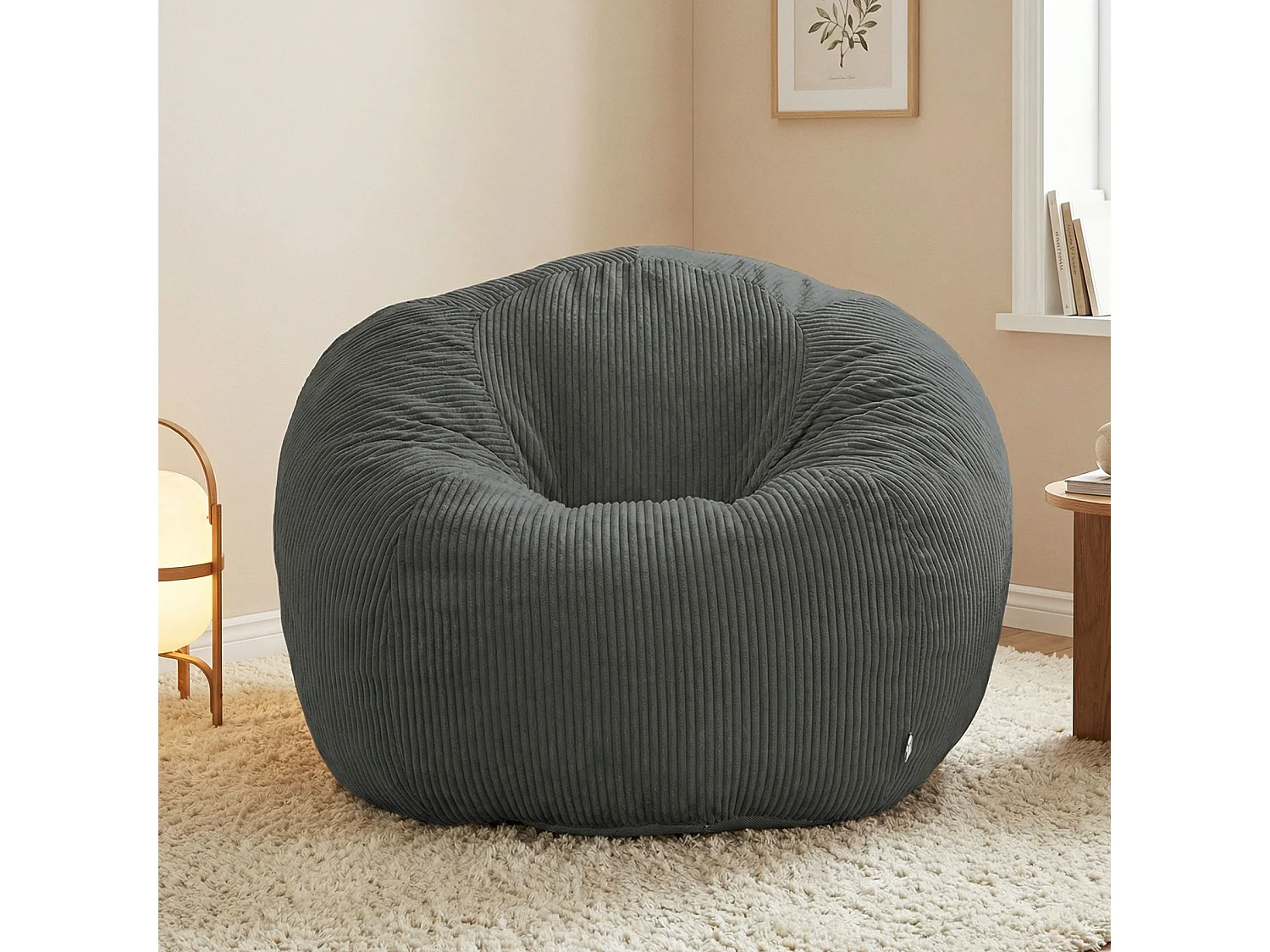 Fauteuil poire rond en velours côtelé, grand siège lounge avec soutien dorsal, assise de sol confortable pour salon, chambre ou coin lecture