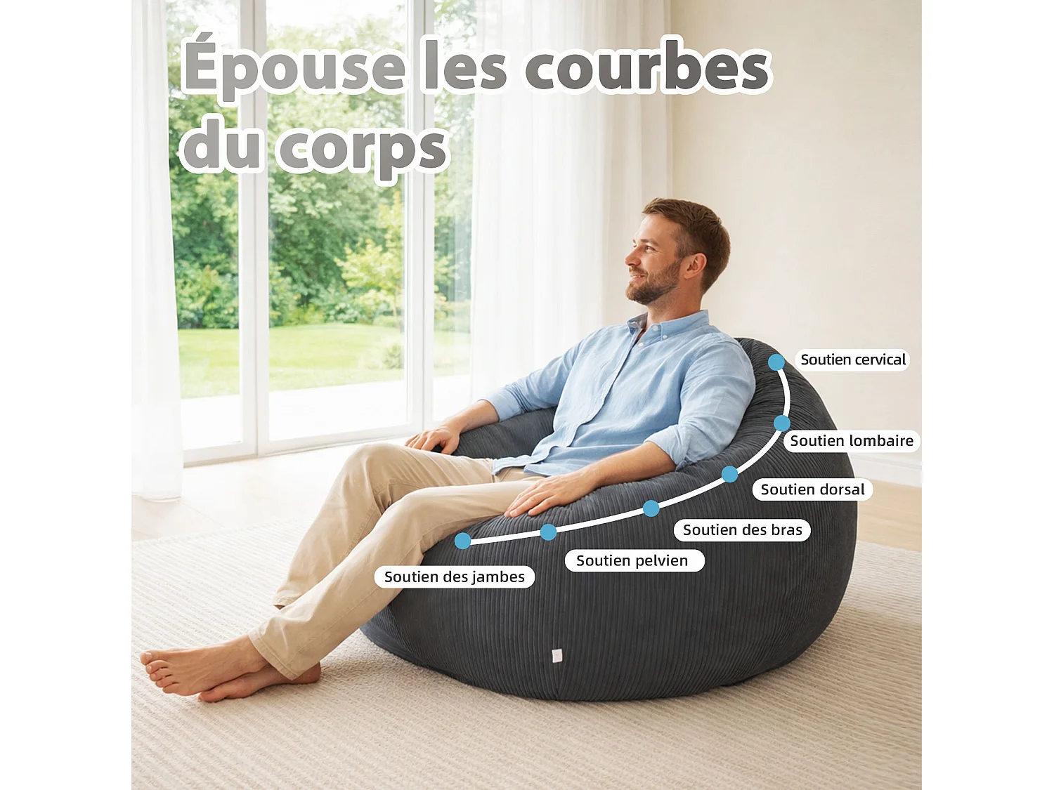 Fauteuil poire rond en velours côtelé, grand siège lounge avec soutien dorsal, assise de sol confortable pour salon, chambre ou coin lecture