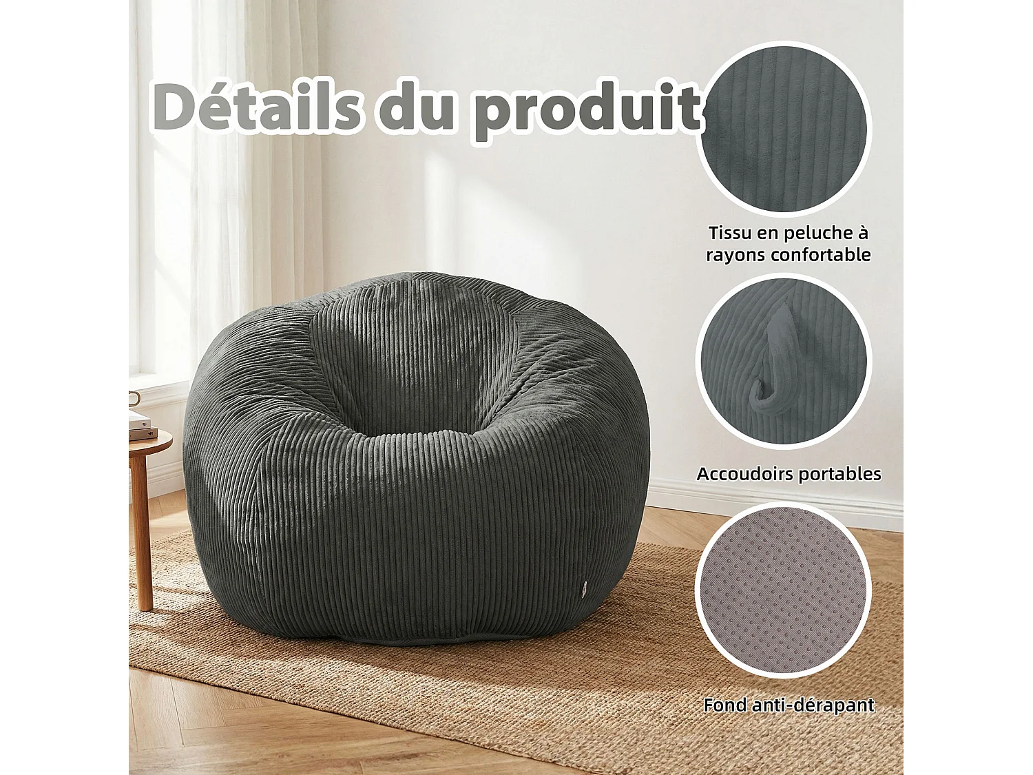 Fauteuil poire rond en velours côtelé, grand siège lounge avec soutien dorsal, assise de sol confortable pour salon, chambre ou coin lecture