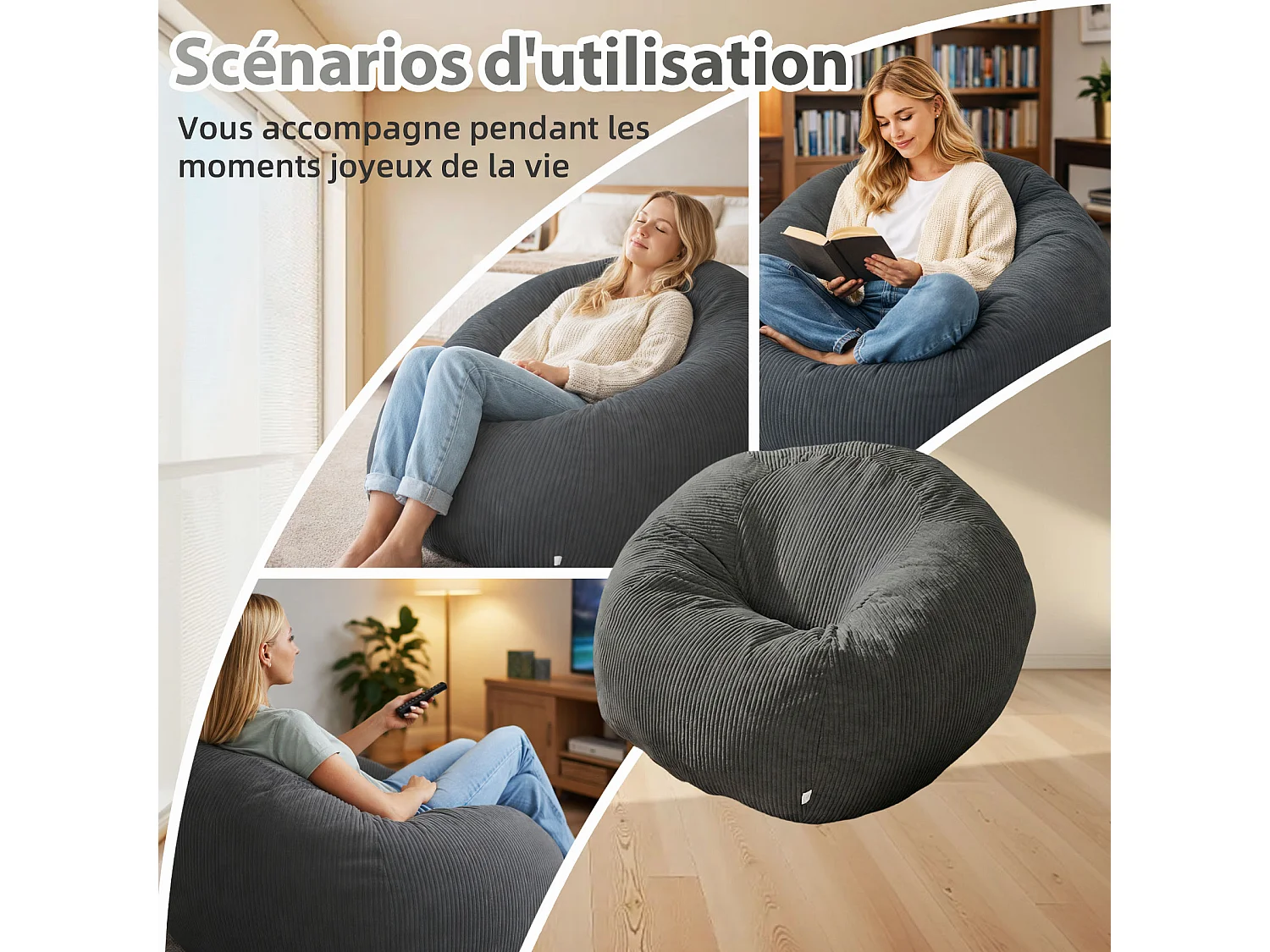 Fauteuil poire rond en velours côtelé, grand siège lounge avec soutien dorsal, assise de sol confortable pour salon, chambre ou coin lecture