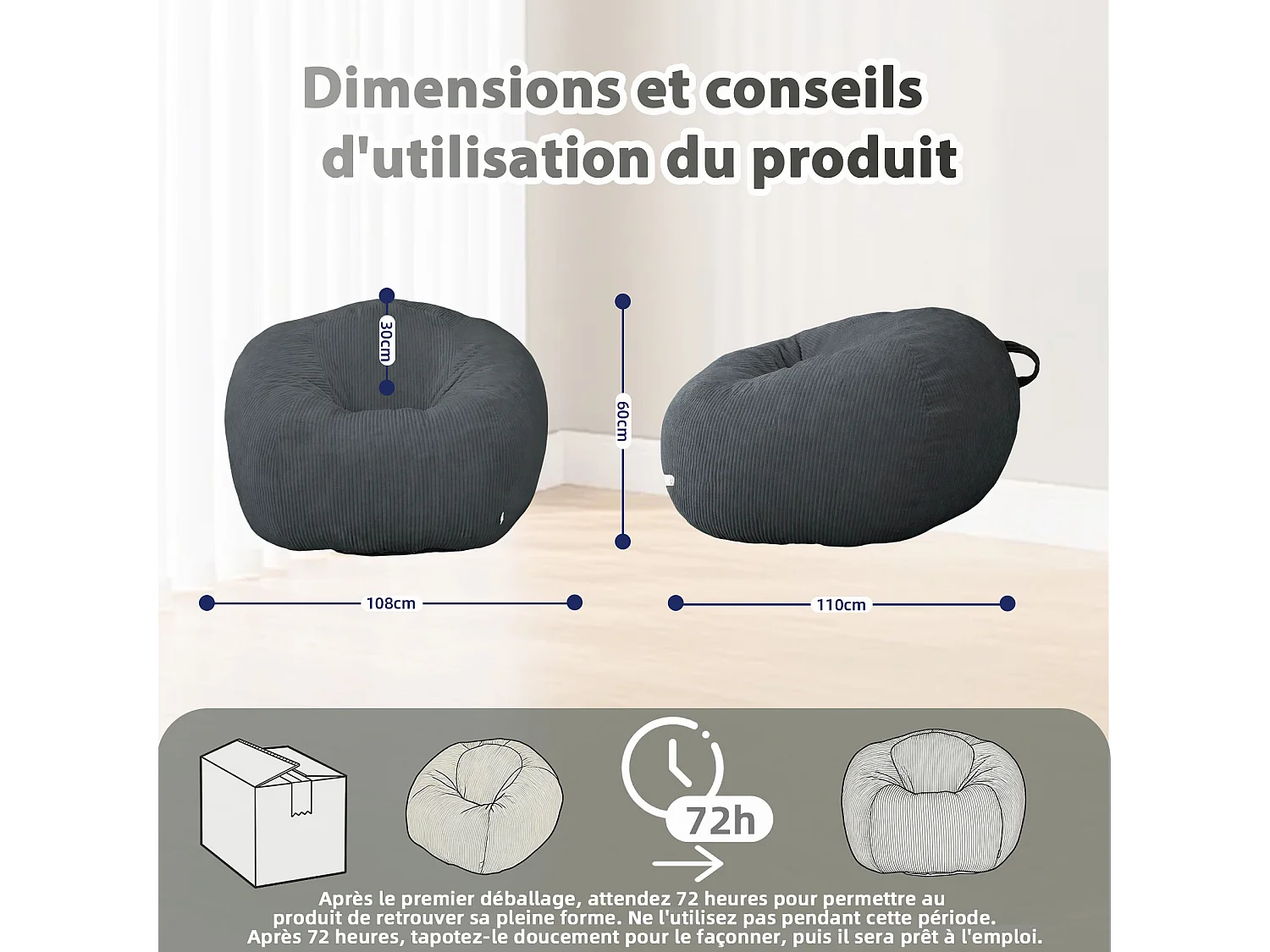 Fauteuil poire rond en velours côtelé, grand siège lounge avec soutien dorsal, assise de sol confortable pour salon, chambre ou coin lecture