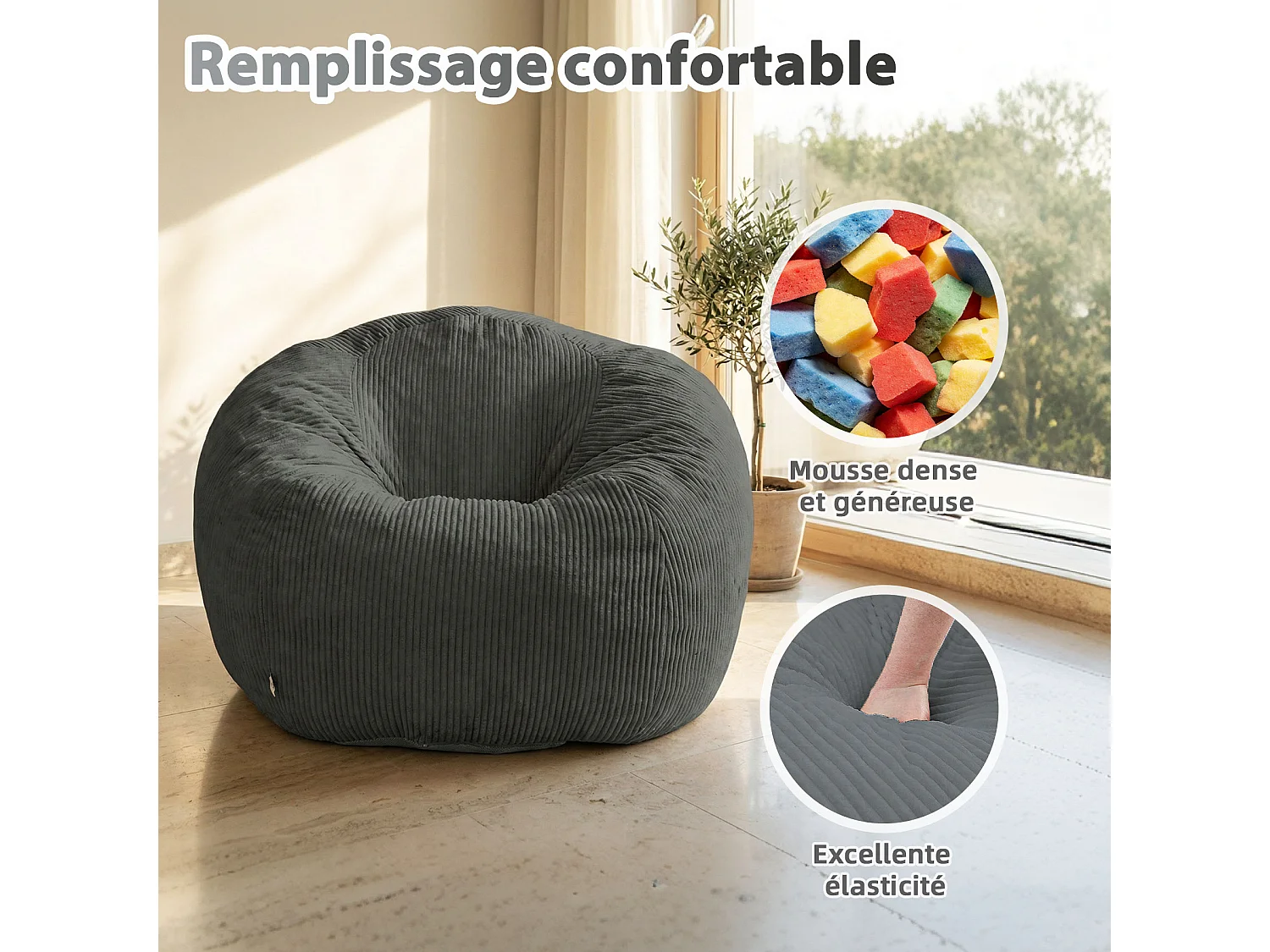Fauteuil poire rond en velours côtelé, grand siège lounge avec soutien dorsal, assise de sol confortable pour salon, chambre ou coin lecture