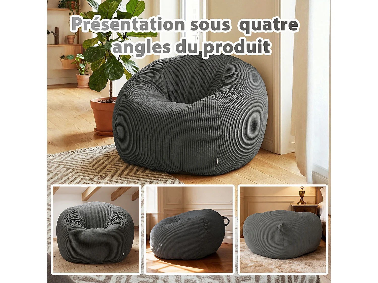 Fauteuil poire rond en velours côtelé, grand siège lounge avec soutien dorsal, assise de sol confortable pour salon, chambre ou coin lecture