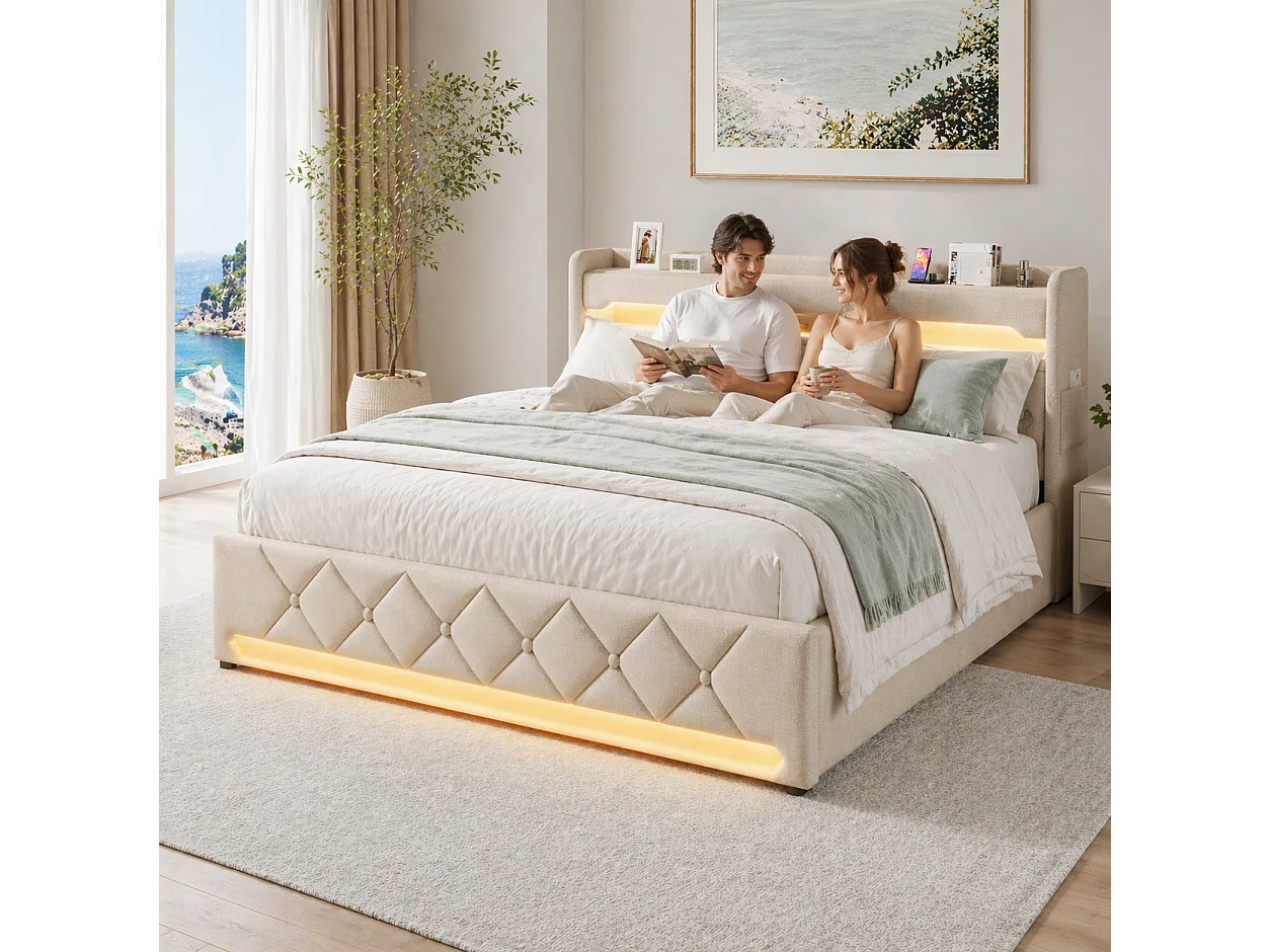 Lit coffre 160x200 - lit double avec rangement 3 niveaux, LED 360°, 3 USB + USB-C, tissu lin - beige