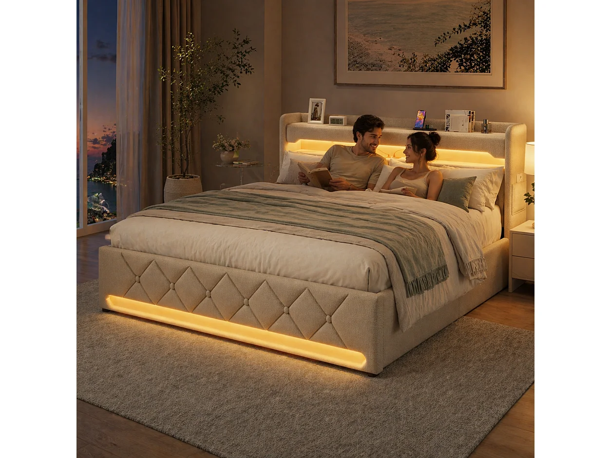 Lit coffre 160x200 - lit double avec rangement 3 niveaux, LED 360°, 3 USB + USB-C, tissu lin - beige