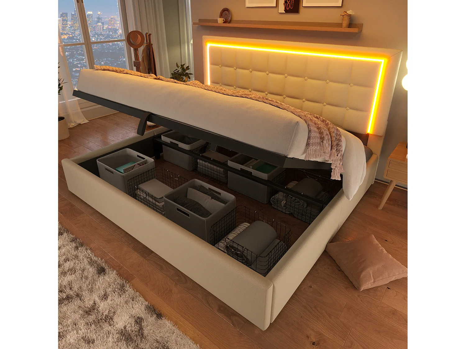 Lit polster 160x200 – rangement hydraulique – LED intégrée – simili cuir blanc – sommier à lattes