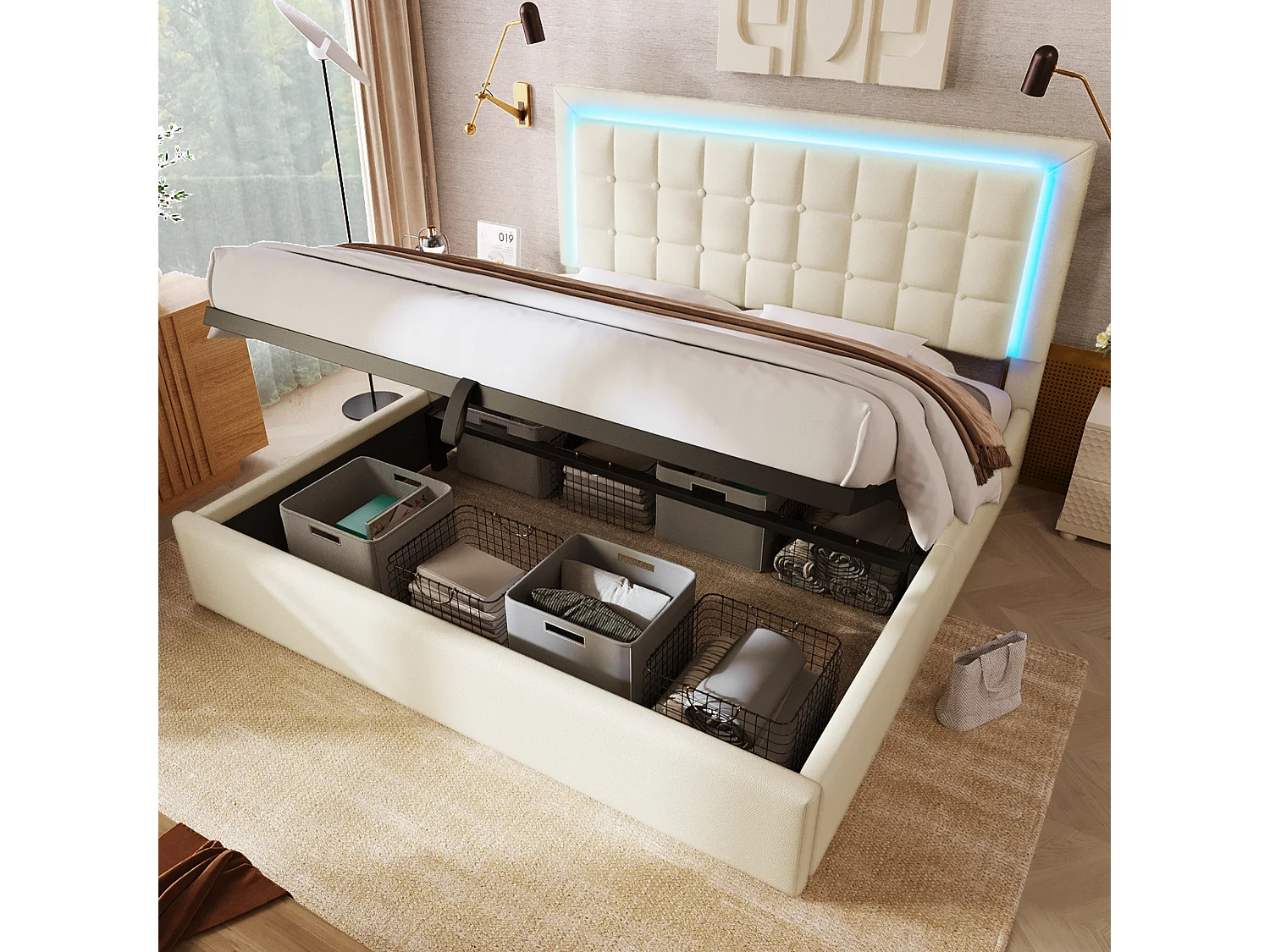 Lit polster 160x200 – rangement hydraulique – LED intégrée – simili cuir blanc – sommier à lattes