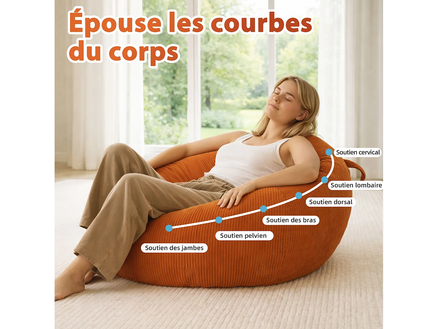 Fauteuil poire rond en velours côtelé, grand siège lounge avec soutien dorsal, assise de sol confortable pour salon, chambre ou coin lecture