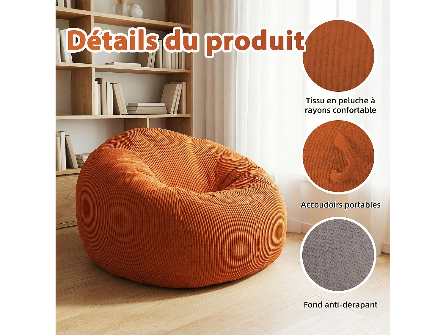 Fauteuil poire rond en velours côtelé, grand siège lounge avec soutien dorsal, assise de sol confortable pour salon, chambre ou coin lecture