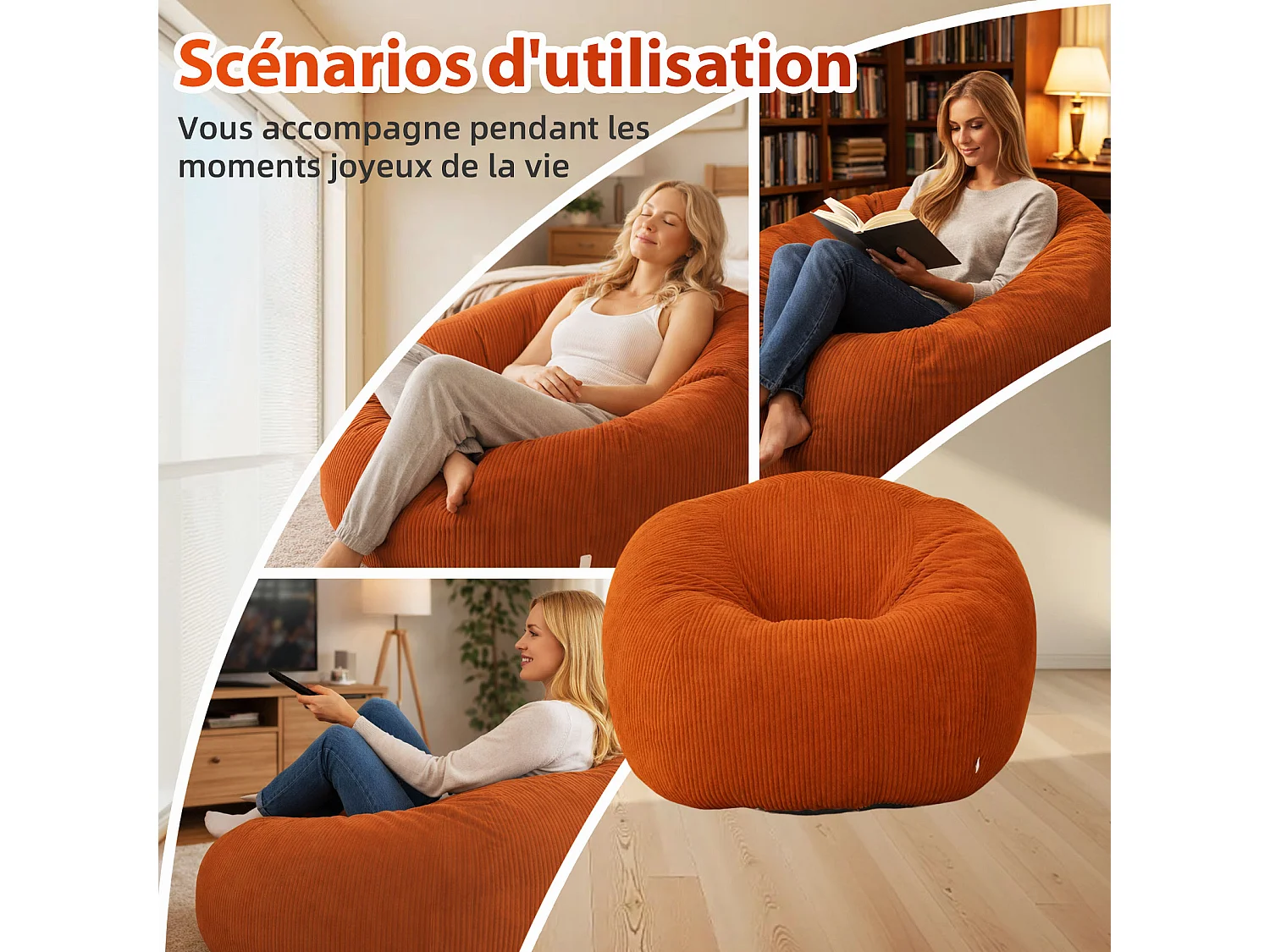 Fauteuil poire rond en velours côtelé, grand siège lounge avec soutien dorsal, assise de sol confortable pour salon, chambre ou coin lecture
