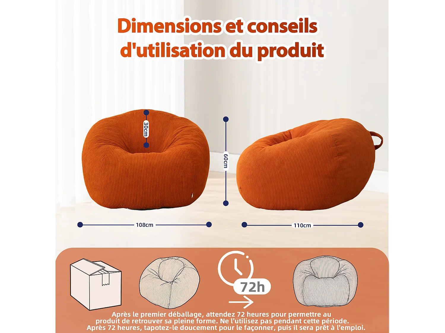 Fauteuil poire rond en velours côtelé, grand siège lounge avec soutien dorsal, assise de sol confortable pour salon, chambre ou coin lecture
