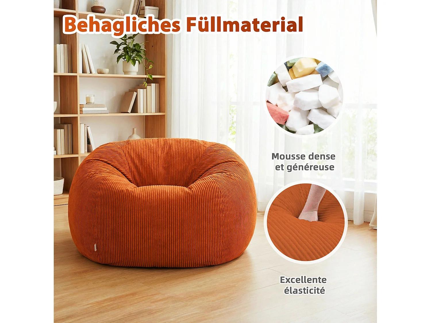 Fauteuil poire rond en velours côtelé, grand siège lounge avec soutien dorsal, assise de sol confortable pour salon, chambre ou coin lecture