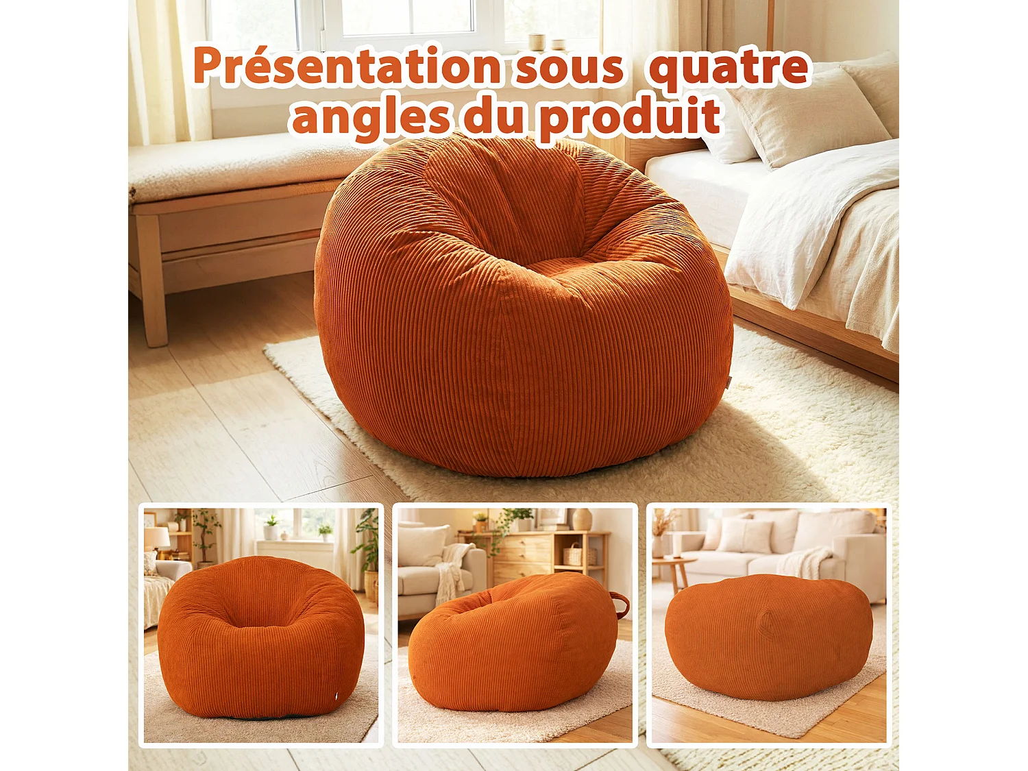 Fauteuil poire rond en velours côtelé, grand siège lounge avec soutien dorsal, assise de sol confortable pour salon, chambre ou coin lecture