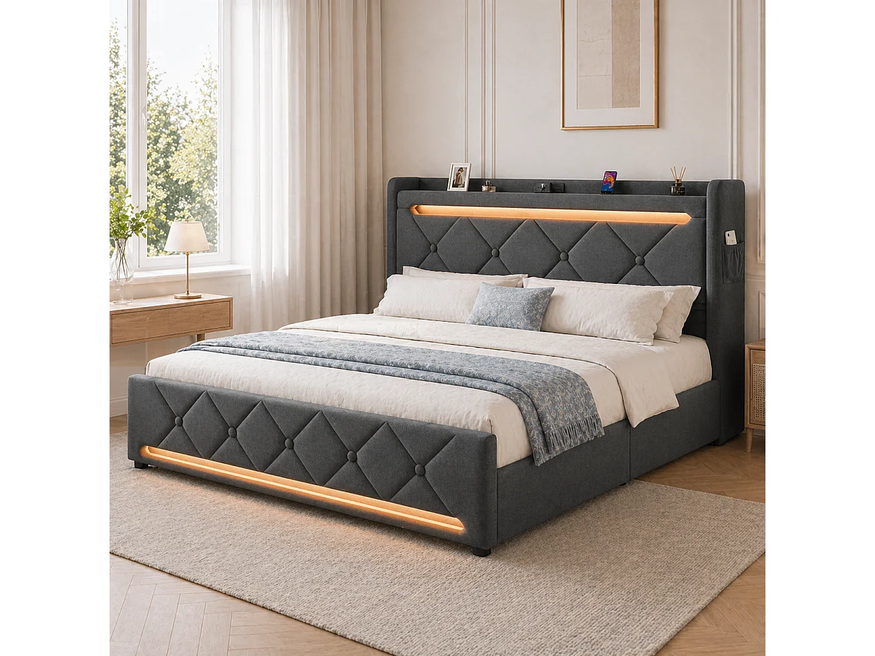 Lit coffre 180x200 - grand lit double avec rangement 3 niveaux, LED 360°, 3 USB + USB-C, lin - gris