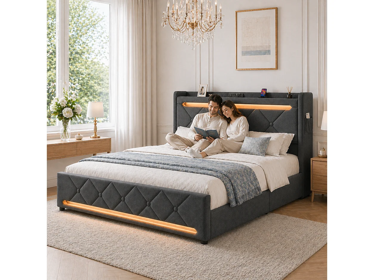 Lit coffre 180x200 - grand lit double avec rangement 3 niveaux, LED 360°, 3 USB + USB-C, lin - gris