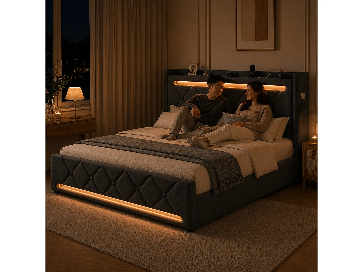 Lit coffre 180x200 - grand lit double avec rangement 3 niveaux, LED 360°, 3 USB + USB-C, lin - gris