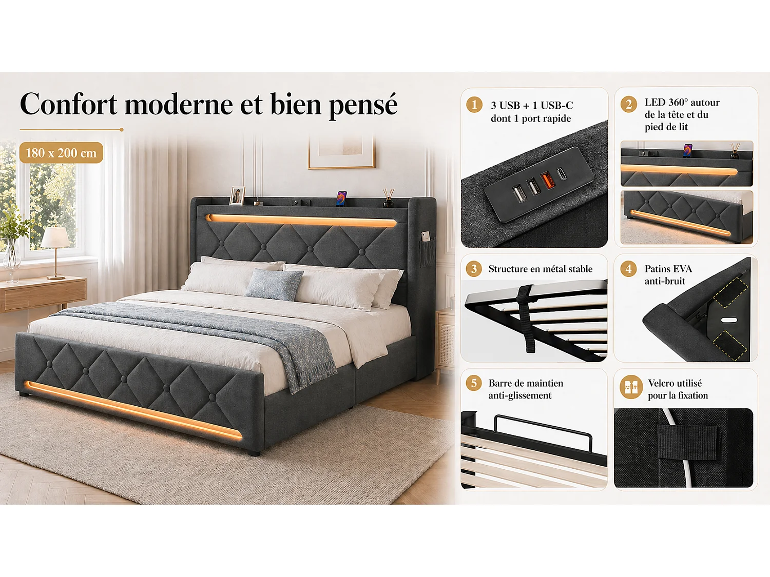 Lit coffre 180x200 - grand lit double avec rangement 3 niveaux, LED 360°, 3 USB + USB-C, lin - gris