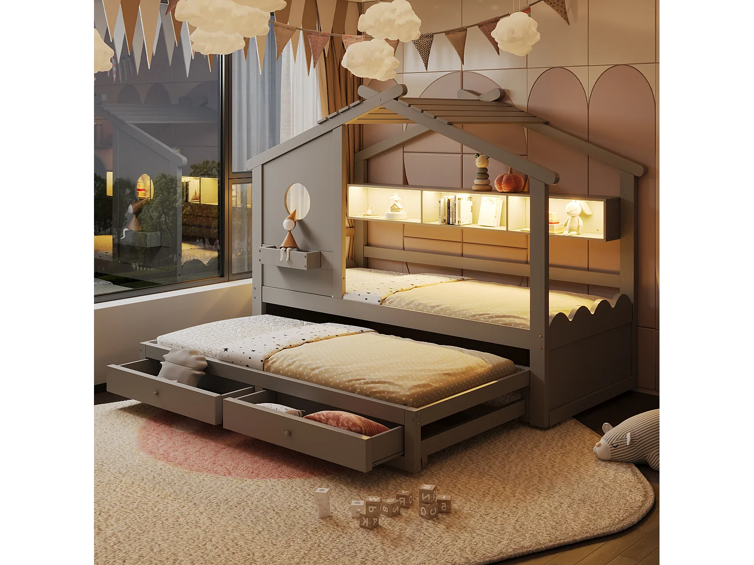 Lit cabane enfant 90x200 avec lit gigogne 90x190 - 2 tiroirs, étagères, LED, USB et USB-C - gris