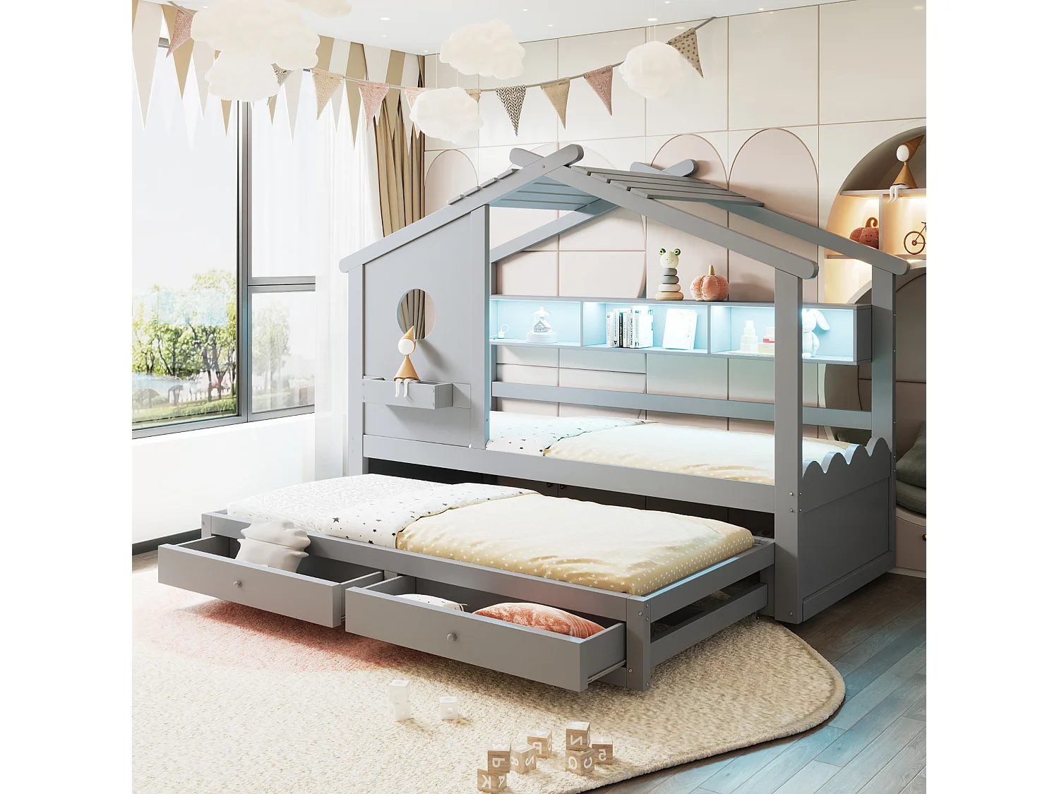 Lit cabane enfant 90x200 avec lit gigogne 90x190 - 2 tiroirs, étagères, LED, USB et USB-C - gris