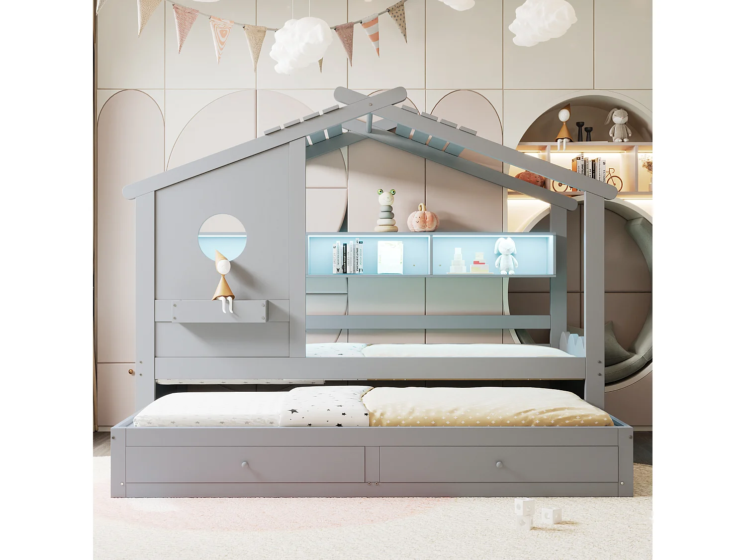 Lit cabane enfant 90x200 avec lit gigogne 90x190 - 2 tiroirs, étagères, LED, USB et USB-C - gris