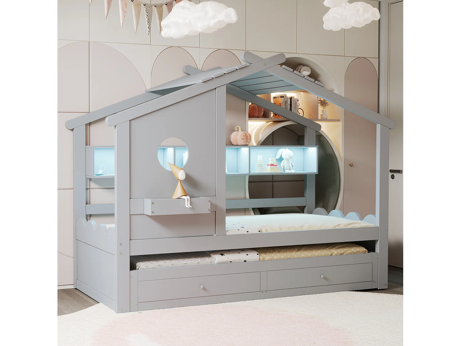 Lit cabane enfant 90x200 avec lit gigogne 90x190 - 2 tiroirs, étagères, LED, USB et USB-C - gris