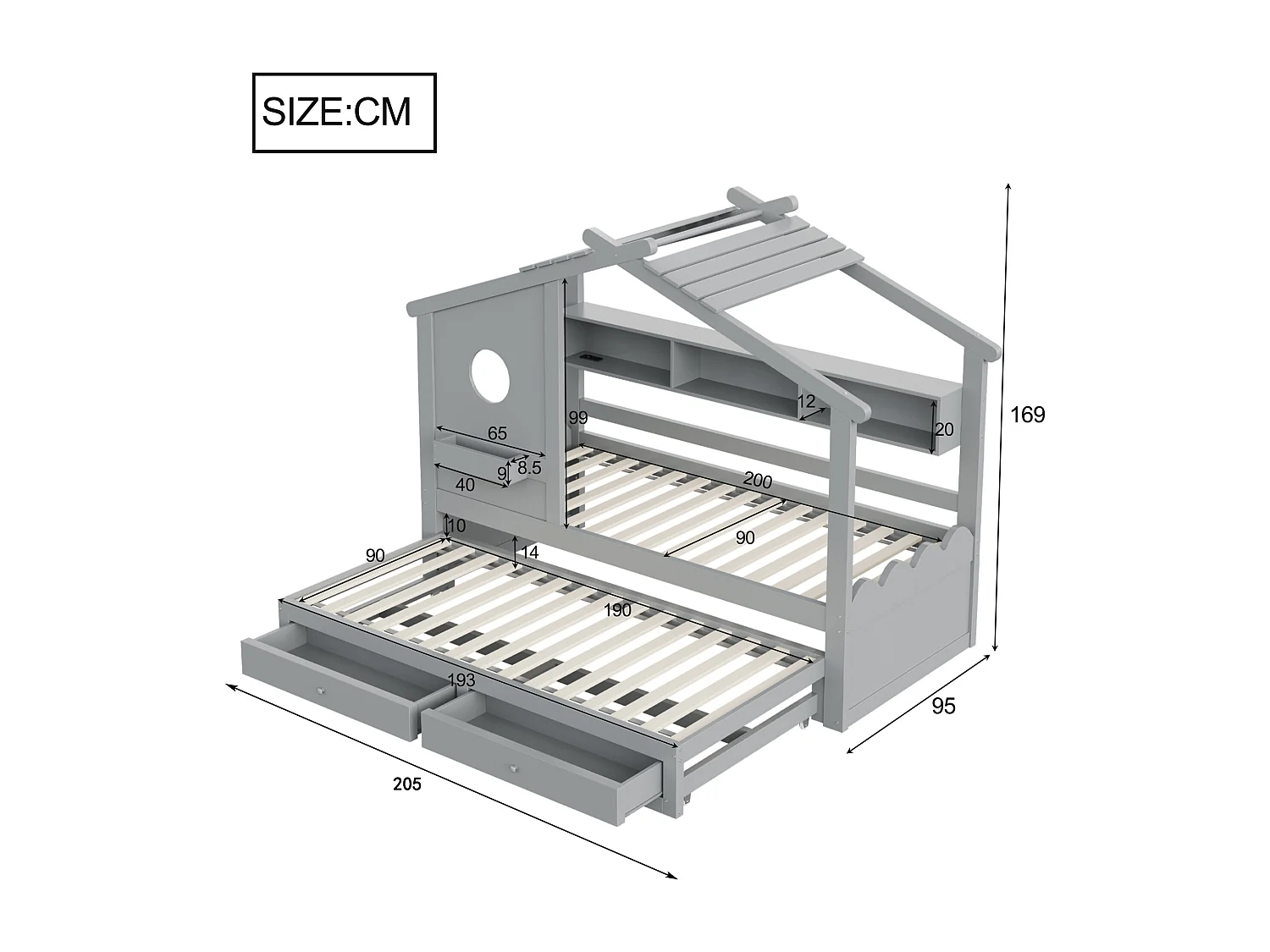 Lit cabane enfant 90x200 avec lit gigogne 90x190 - 2 tiroirs, étagères, LED, USB et USB-C - gris