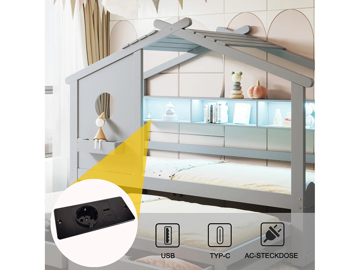 Lit cabane enfant 90x200 avec lit gigogne 90x190 - 2 tiroirs, étagères, LED, USB et USB-C - gris