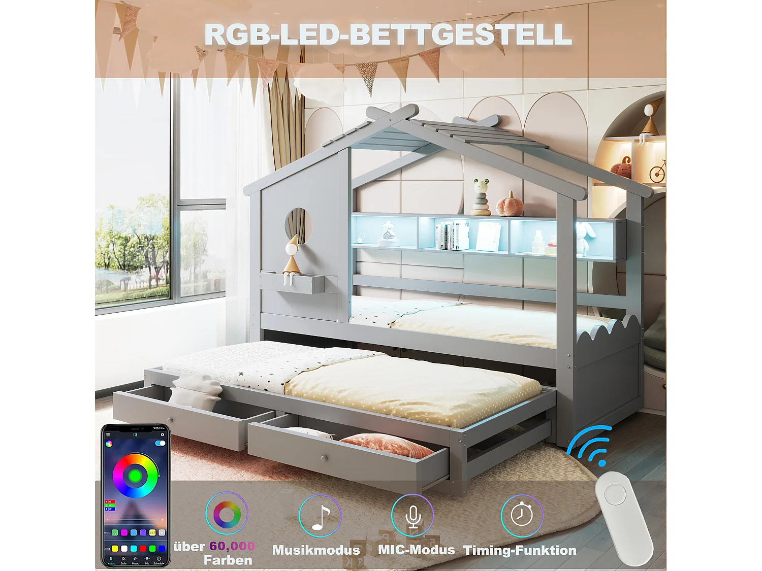 Lit cabane enfant 90x200 avec lit gigogne 90x190 - 2 tiroirs, étagères, LED, USB et USB-C - gris