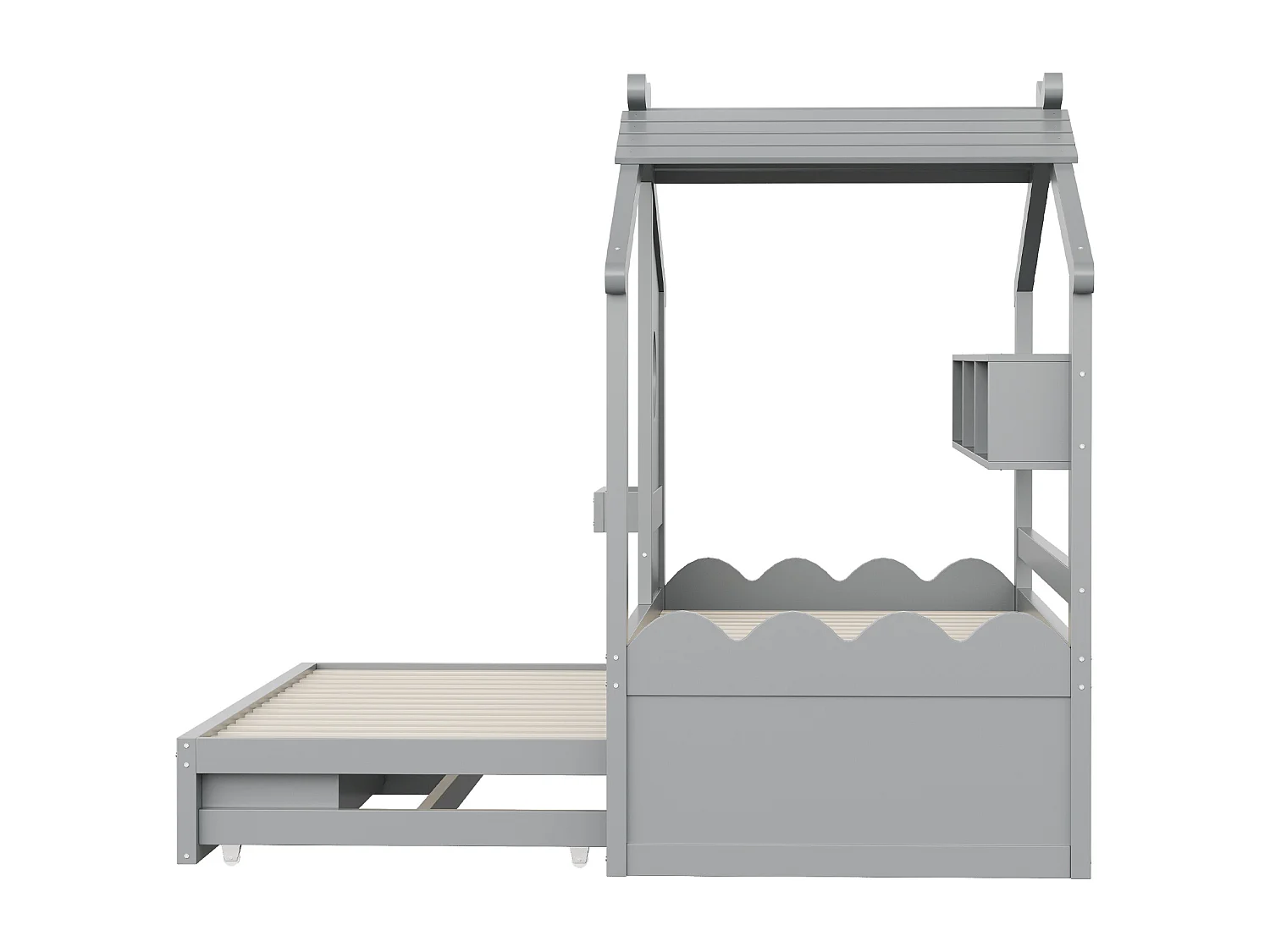Lit cabane enfant 90x200 avec lit gigogne 90x190 - 2 tiroirs, étagères, LED, USB et USB-C - gris