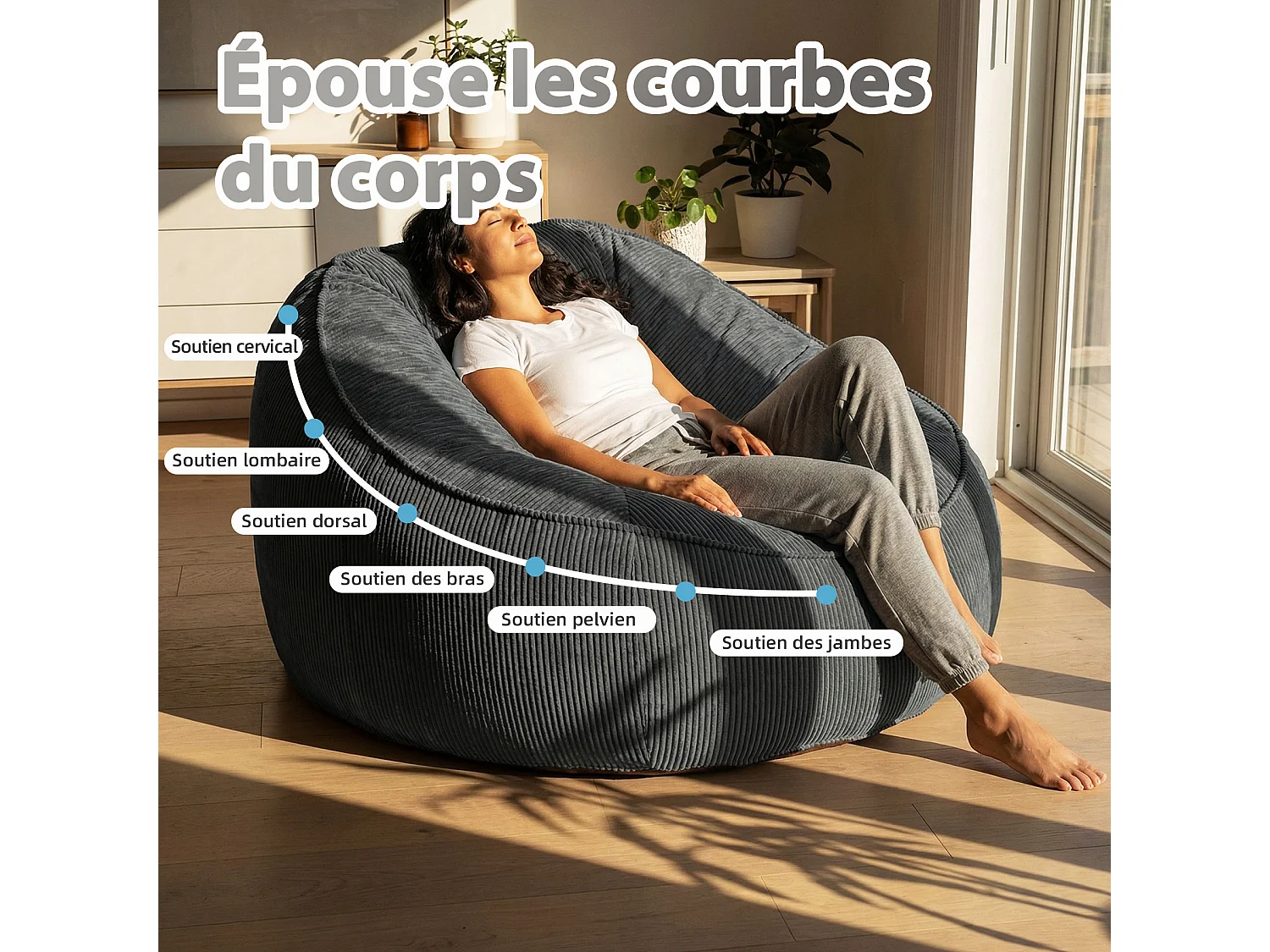 Pouf poire en velours côtelé, effet cocon et base antidérapante pour chambre et salon