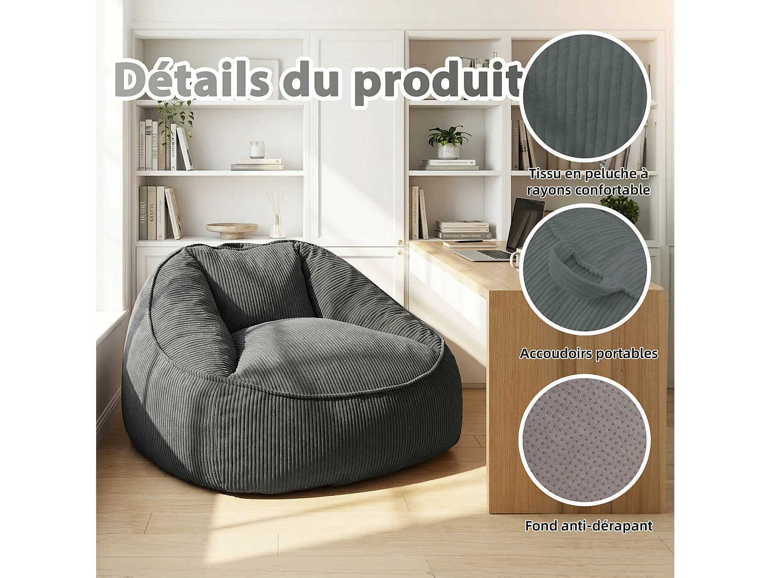 Pouf poire en velours côtelé, effet cocon et base antidérapante pour chambre et salon