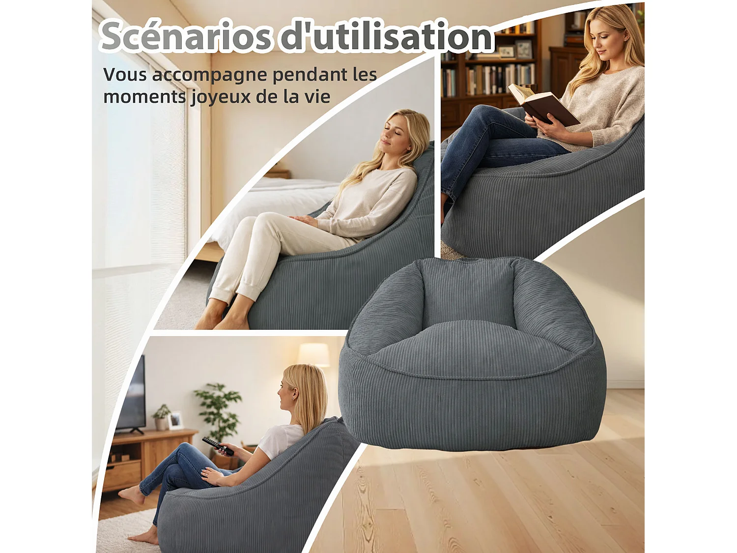 Pouf poire en velours côtelé, effet cocon et base antidérapante pour chambre et salon