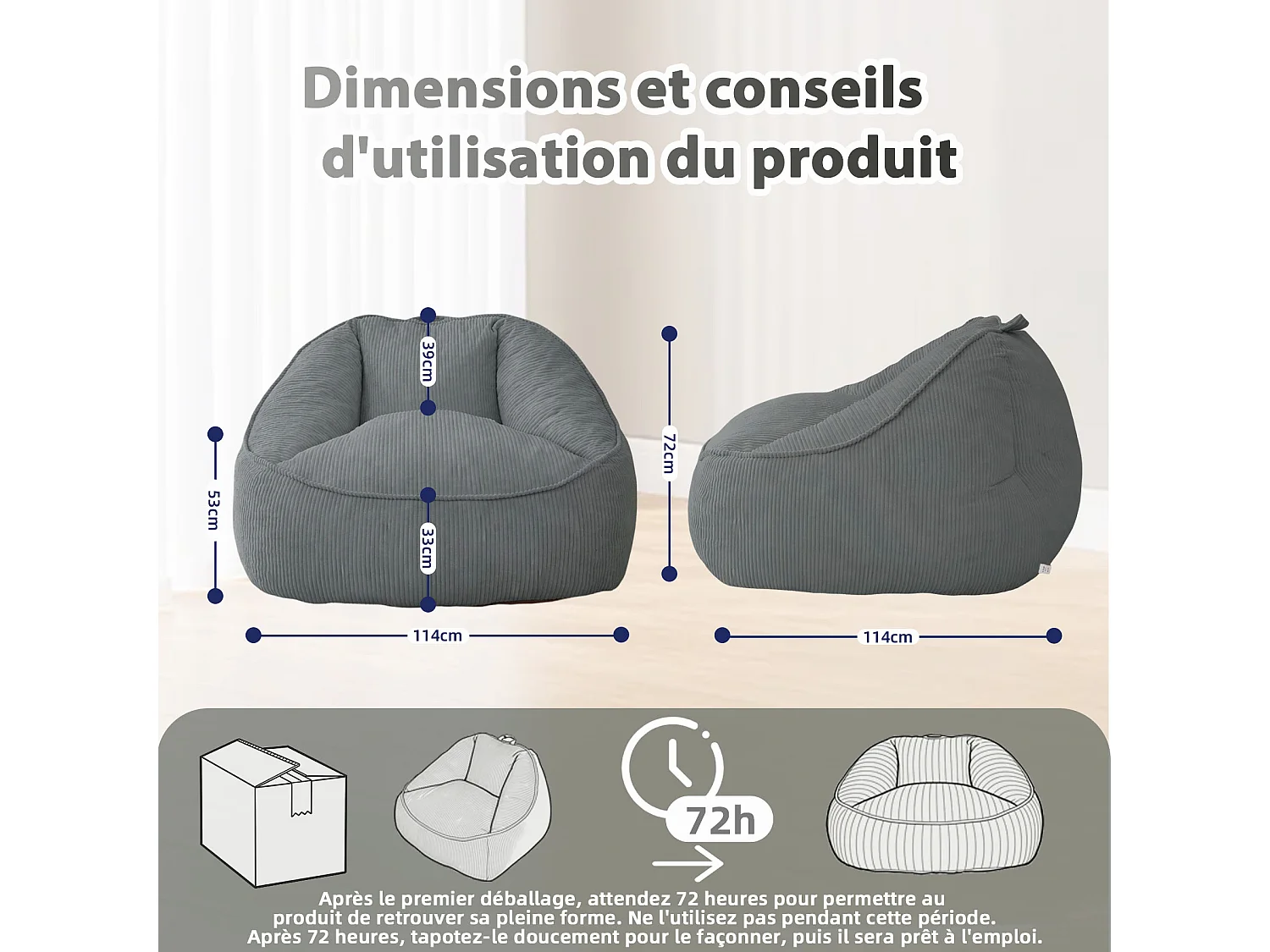 Pouf poire en velours côtelé, effet cocon et base antidérapante pour chambre et salon