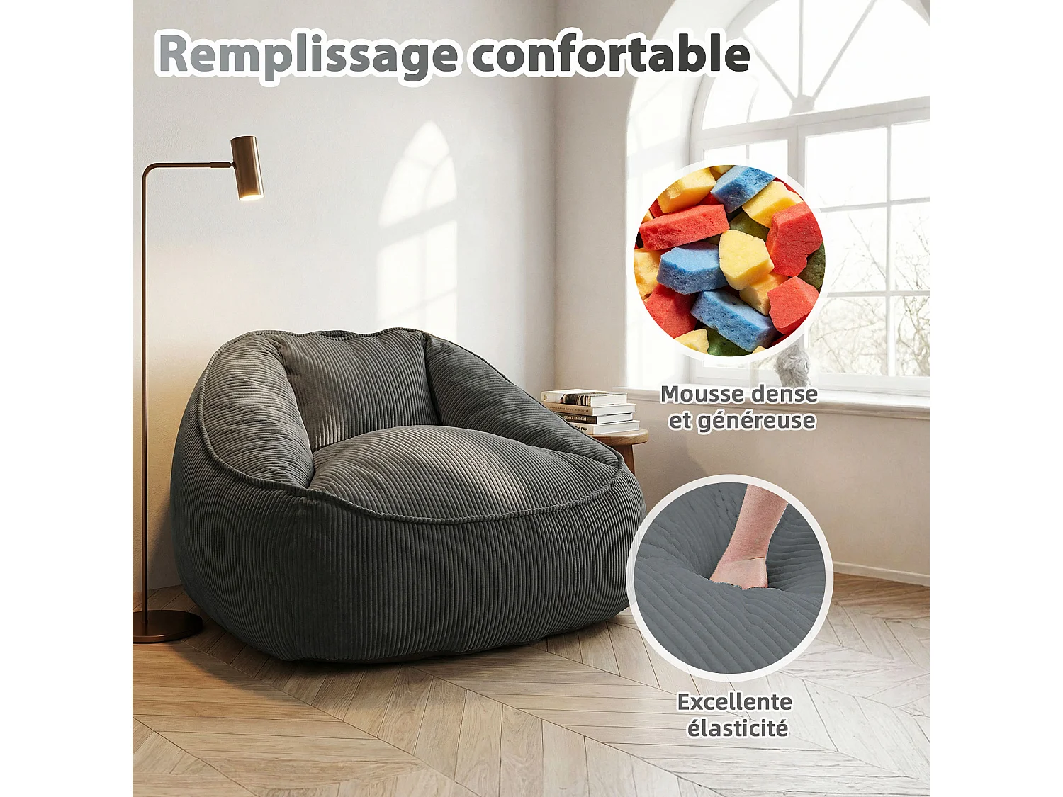 Pouf poire en velours côtelé, effet cocon et base antidérapante pour chambre et salon