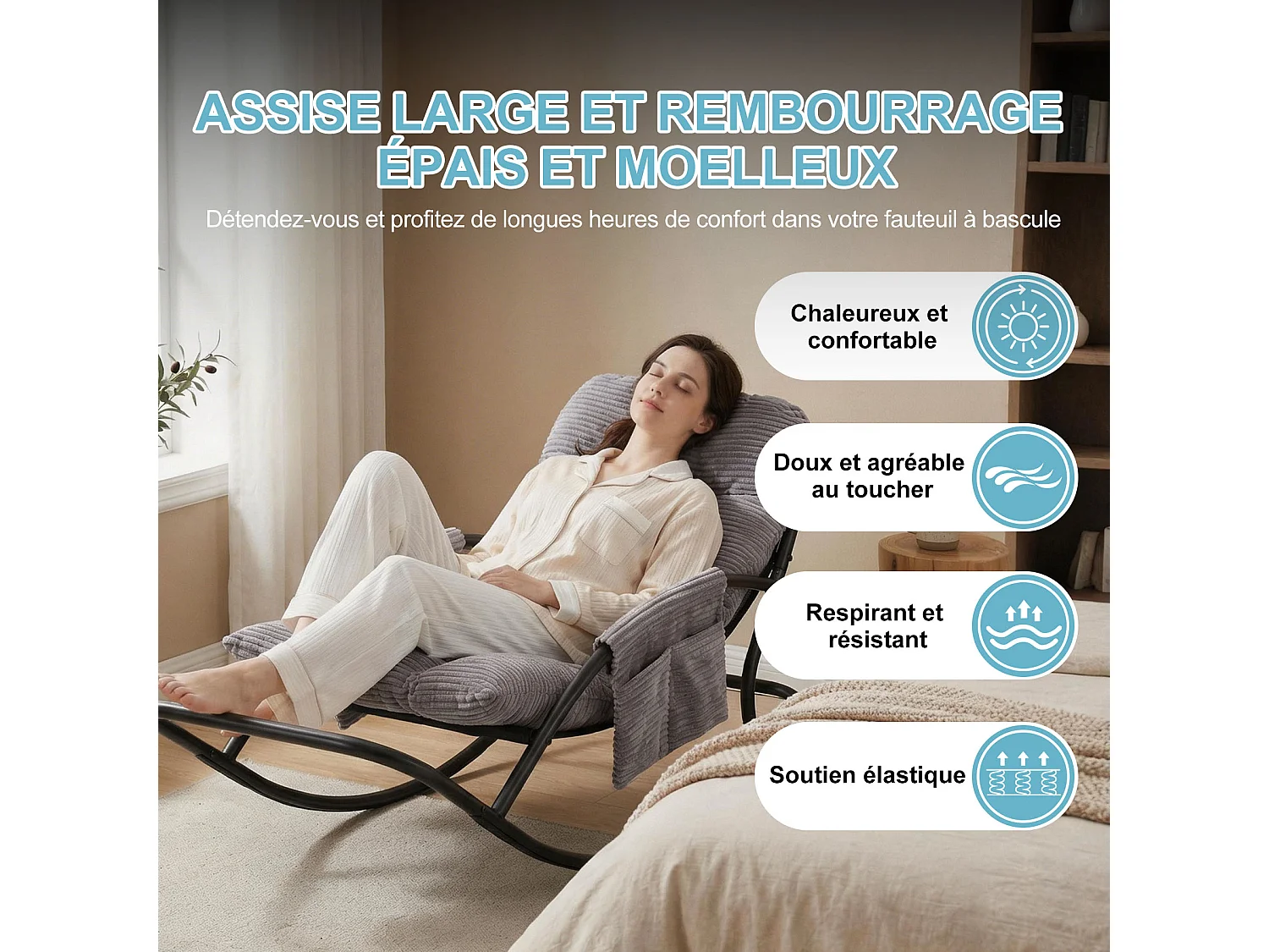 Fauteuil à bascule avec coussin épais en tissu rayé, chaise lounge à structure en acier pour salon, balcon ou terrasse