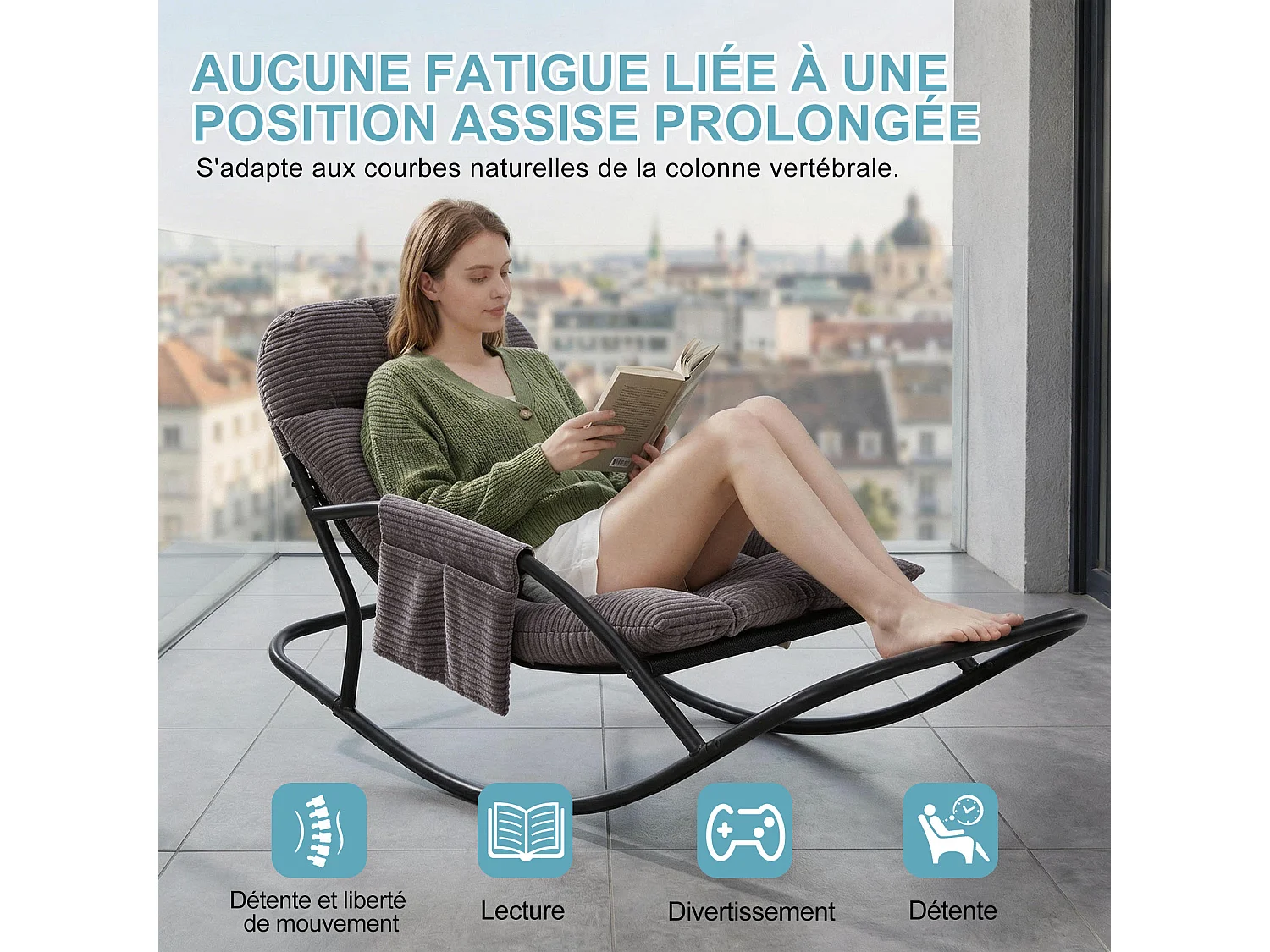 Fauteuil à bascule avec coussin épais en tissu rayé, chaise lounge à structure en acier pour salon, balcon ou terrasse