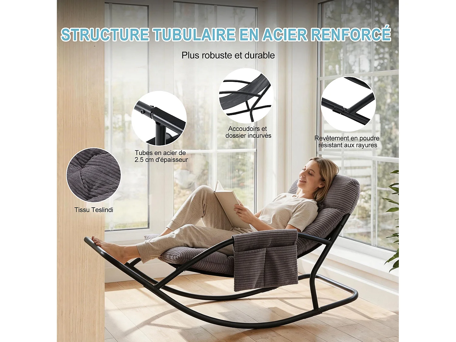 Fauteuil à bascule avec coussin épais en tissu rayé, chaise lounge à structure en acier pour salon, balcon ou terrasse