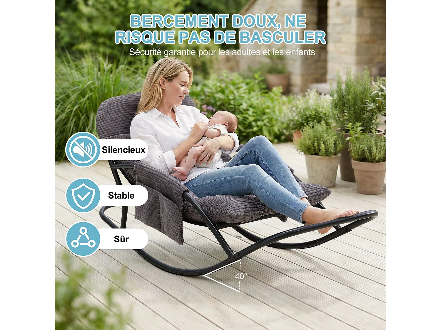 Fauteuil à bascule avec coussin épais en tissu rayé, chaise lounge à structure en acier pour salon, balcon ou terrasse