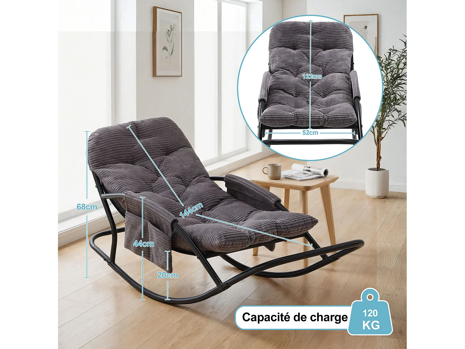 Fauteuil à bascule avec coussin épais en tissu rayé, chaise lounge à structure en acier pour salon, balcon ou terrasse