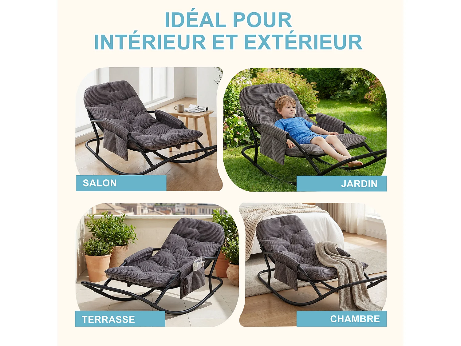Fauteuil à bascule avec coussin épais en tissu rayé, chaise lounge à structure en acier pour salon, balcon ou terrasse